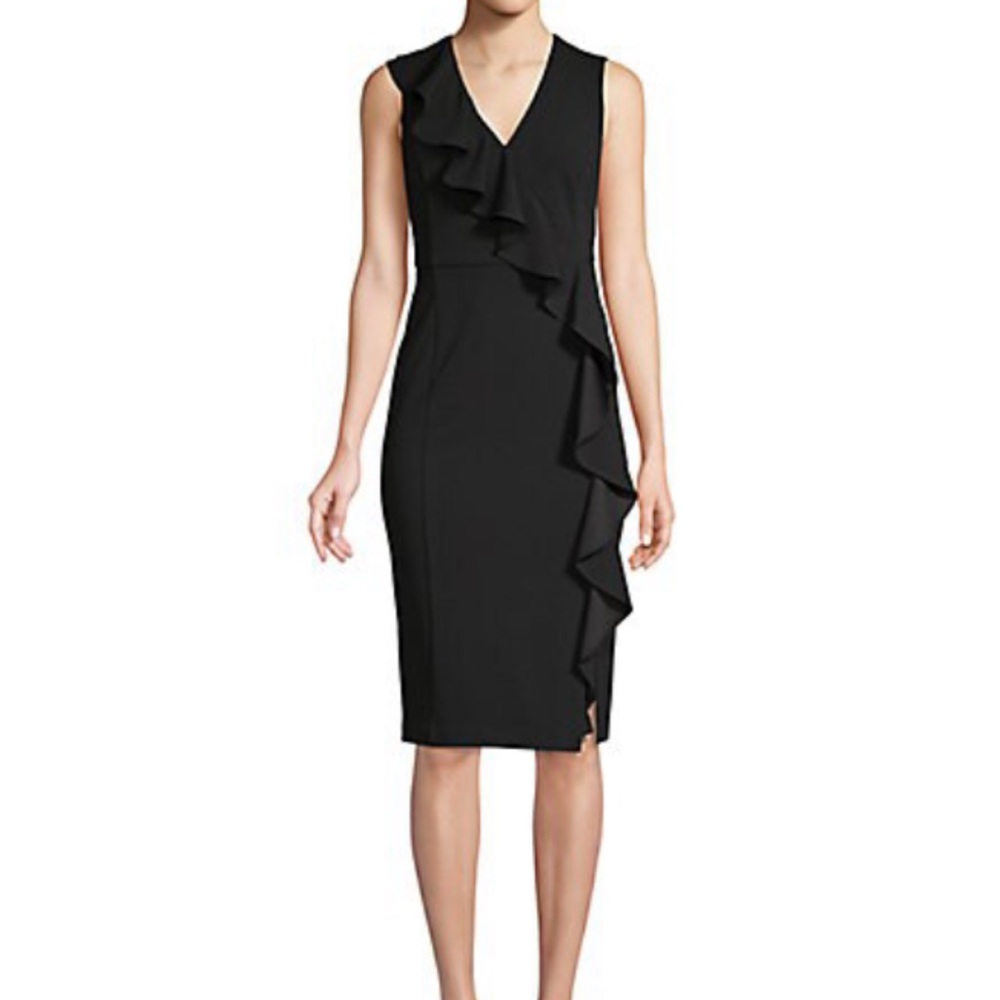 Calvin Klein Asymmetrical Ruffle Sheath Dress Size 8, Black